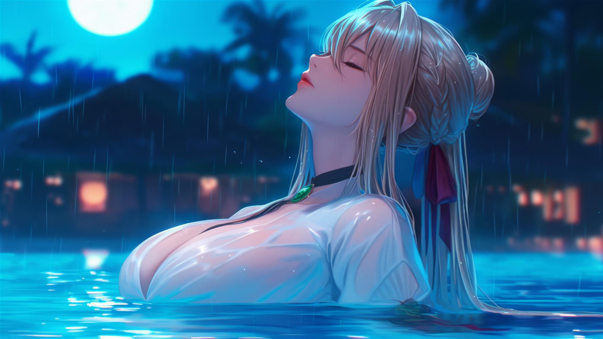 Violet Evergarden resting by a rainy swimming pool under moonlight
