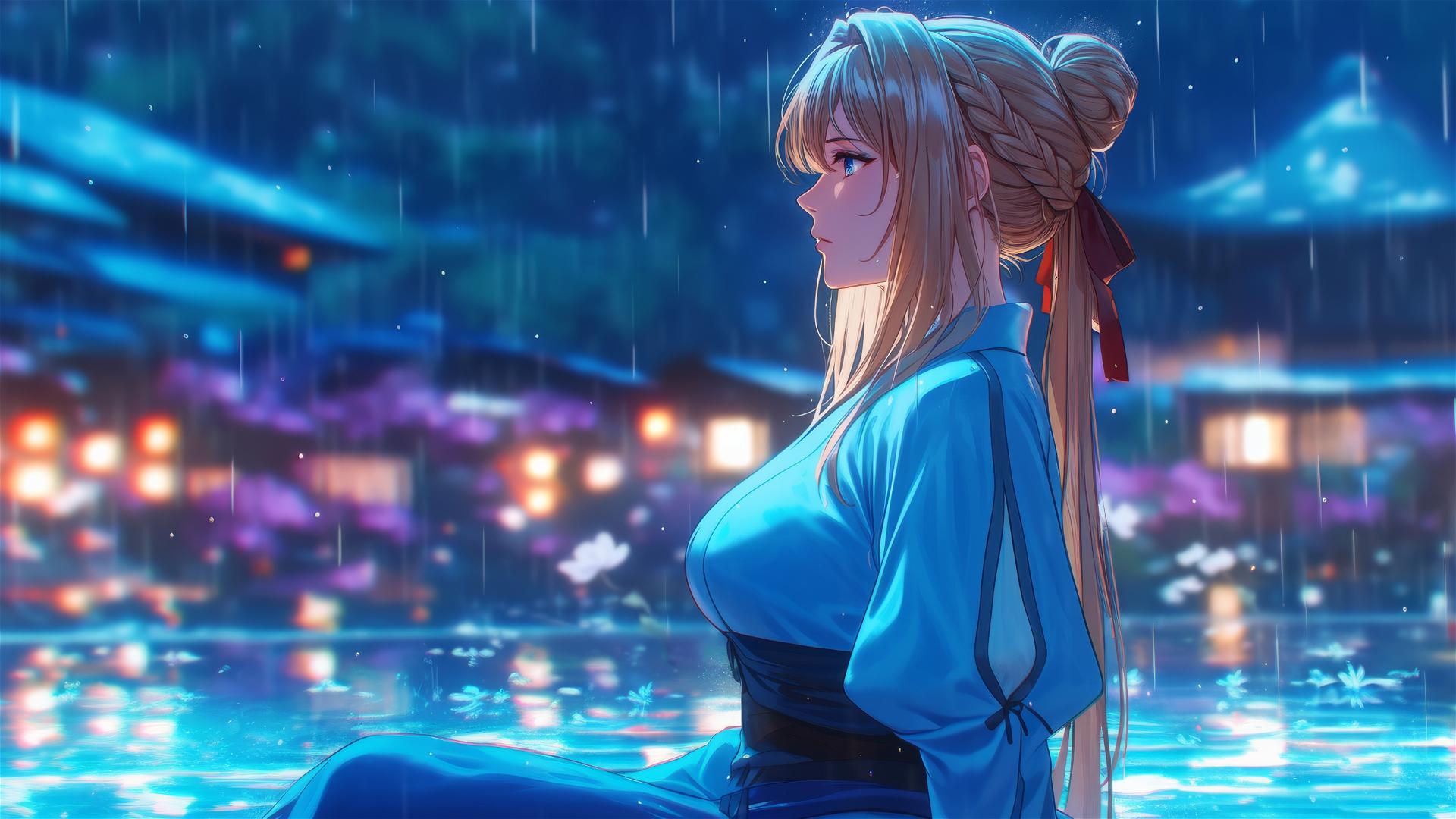 Violet Evergarden resting by moonlit rainy swimming pool