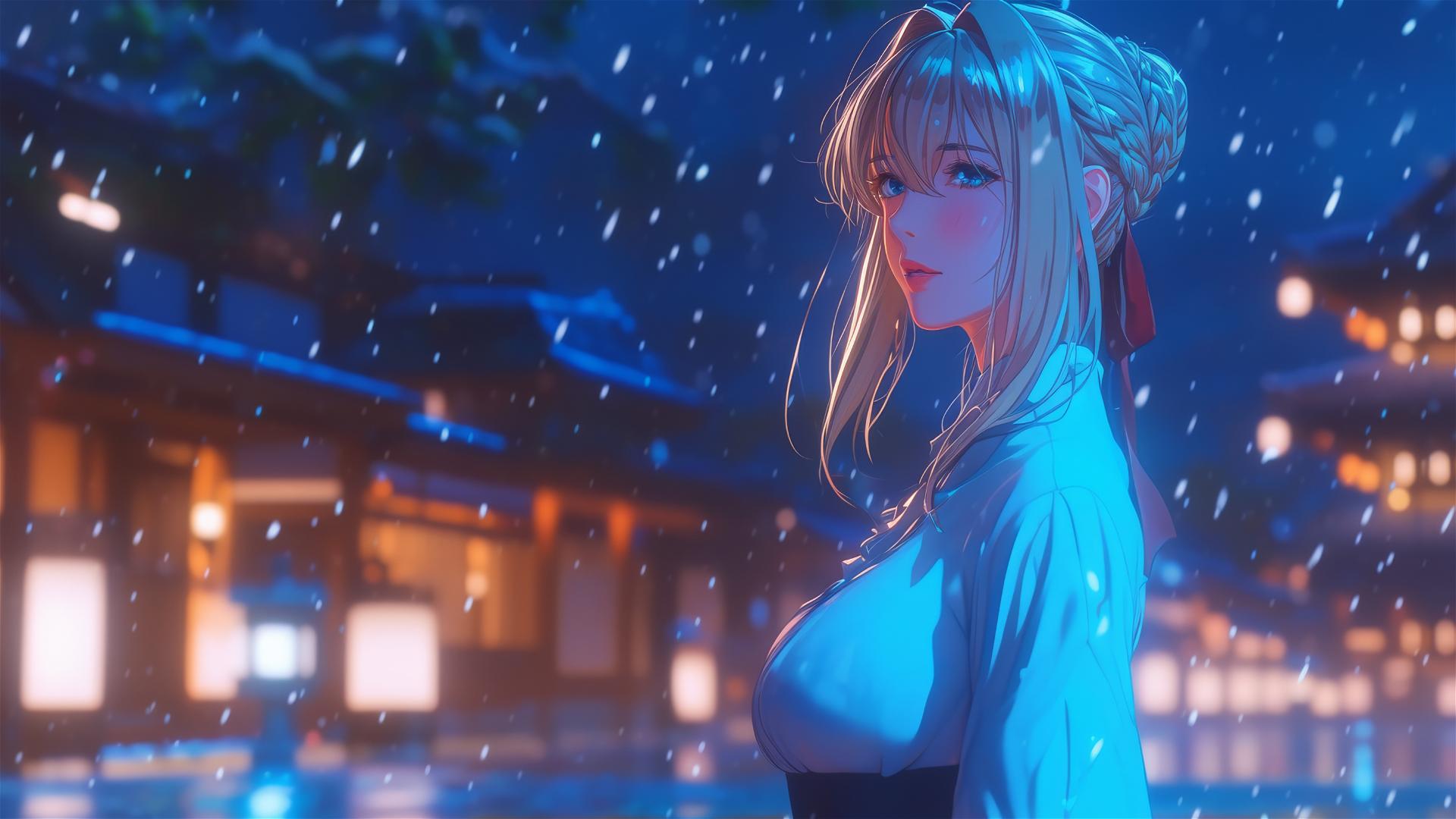 Violet Evergarden standing at her house with moonlight casting a soft glow on her.
