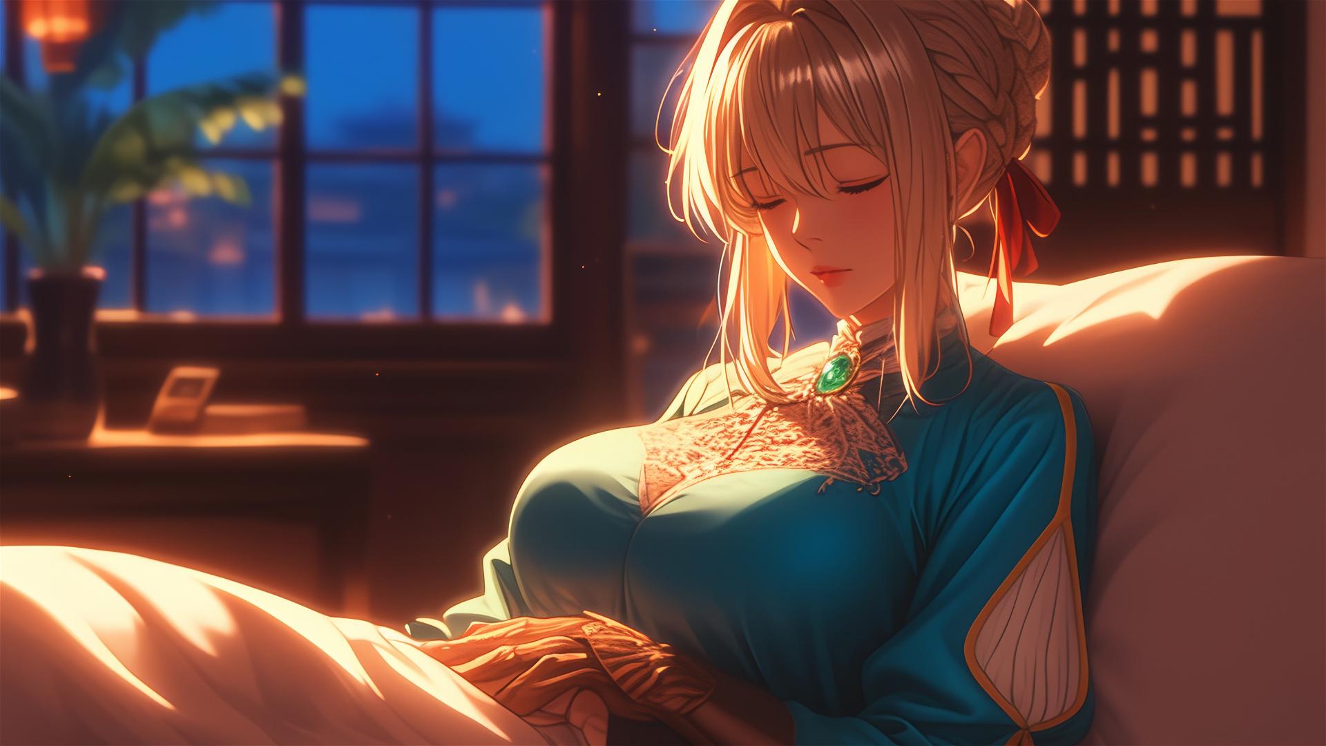 Violet Evergarden resting at apartment under moon glow