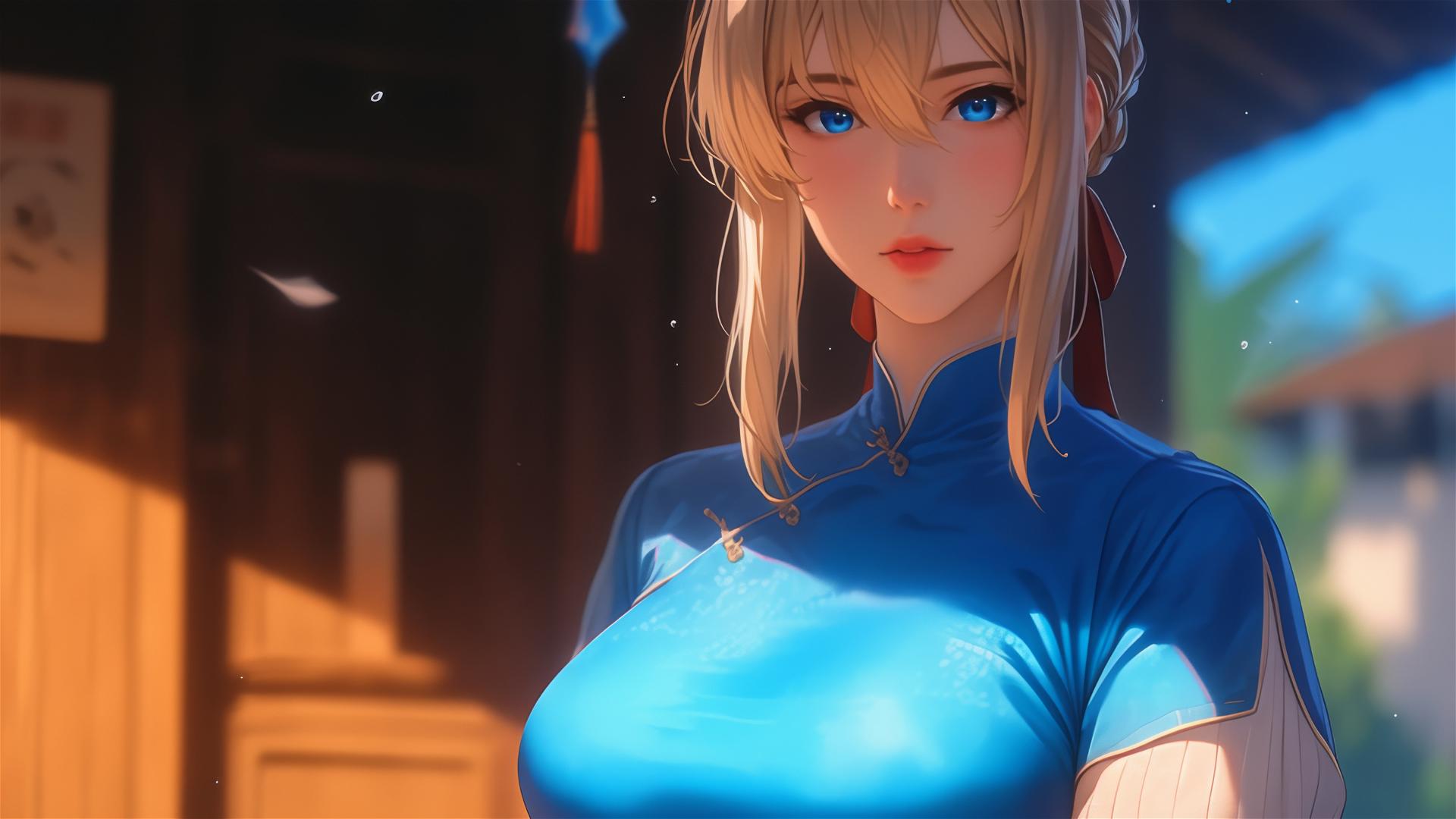 Violet Evergarden standing by her house under moonlight