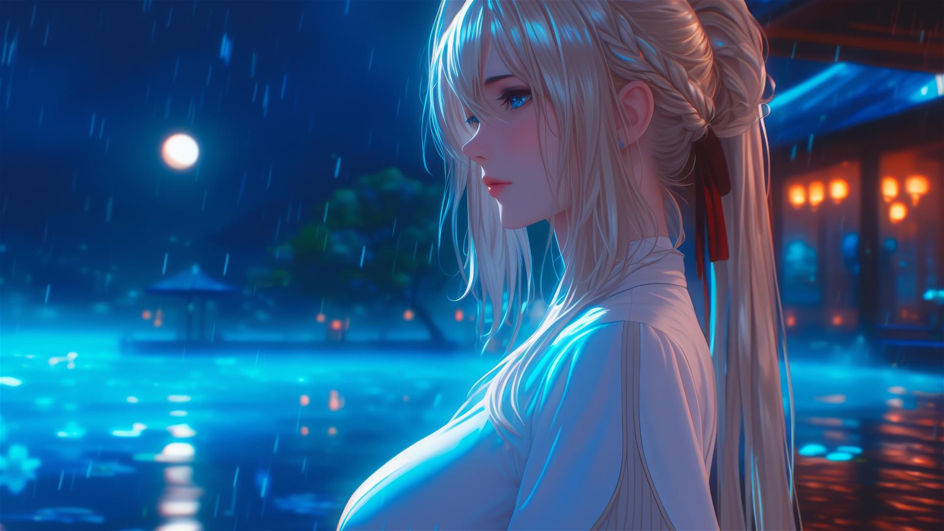 Violet Evergarden standing leisurely at her home under the moonlight