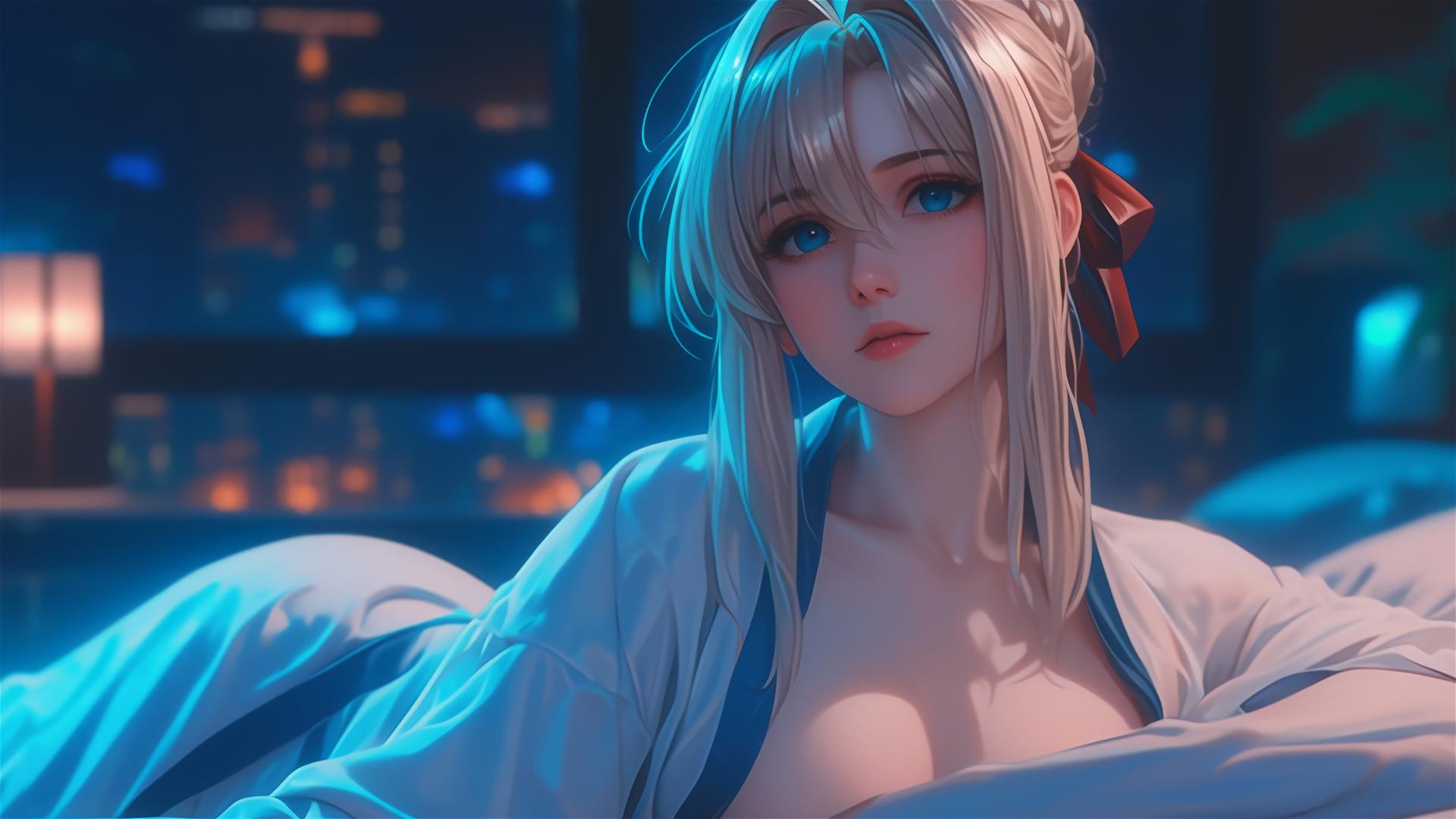 Violet Evergarden resting in an apartment under moonlight