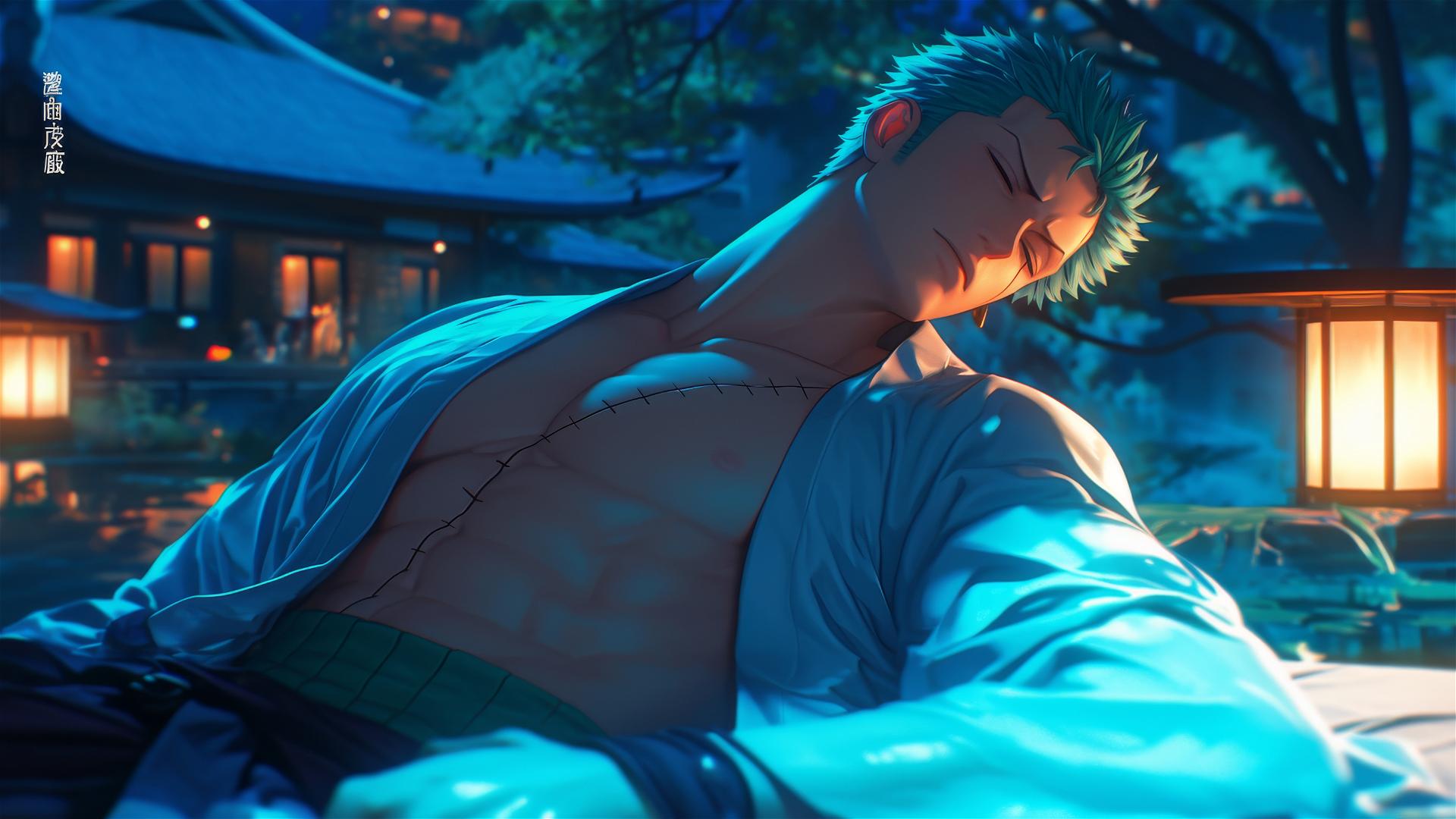 Roronoa Zoro from One Piece resting in moonlit apartment