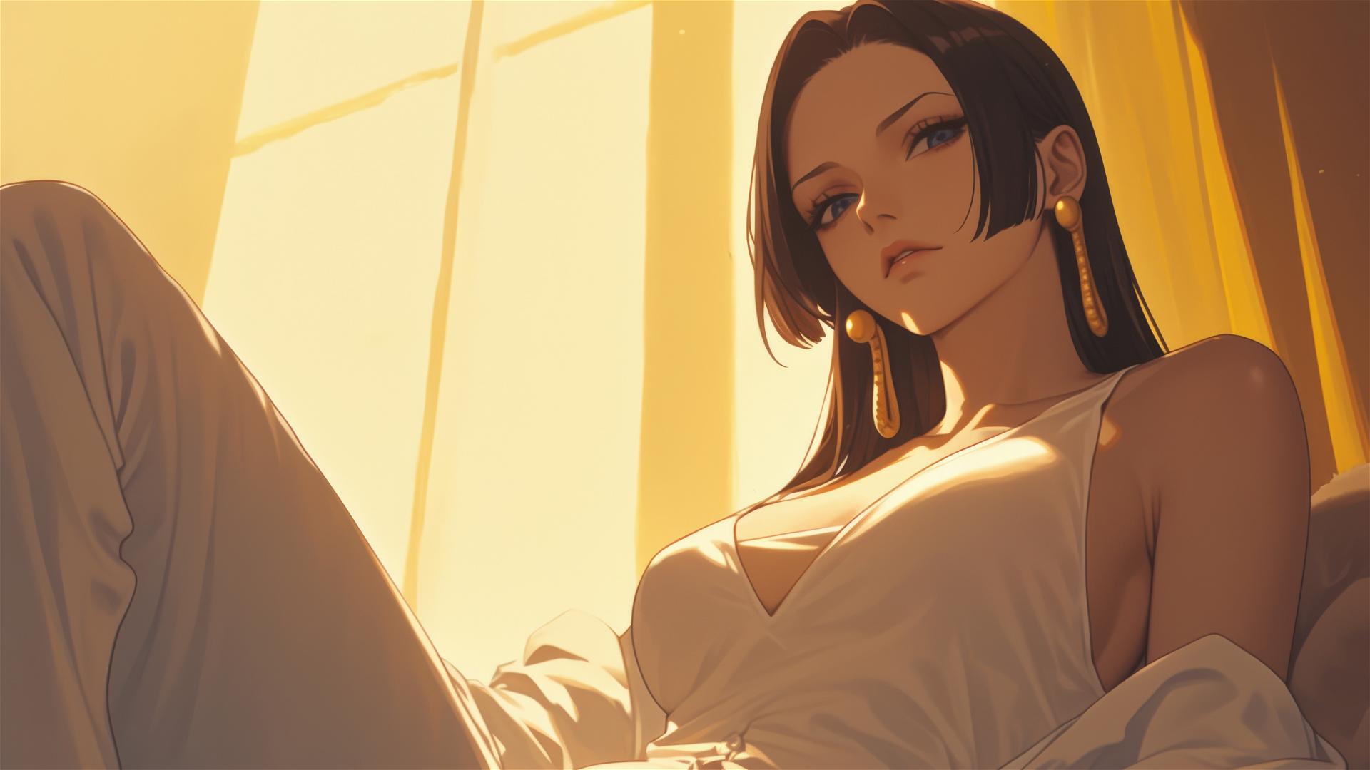 Boa Hancock from One Piece in white silk pajamas, sitting leisurely at apartment during sunrise with soft glow on her figure