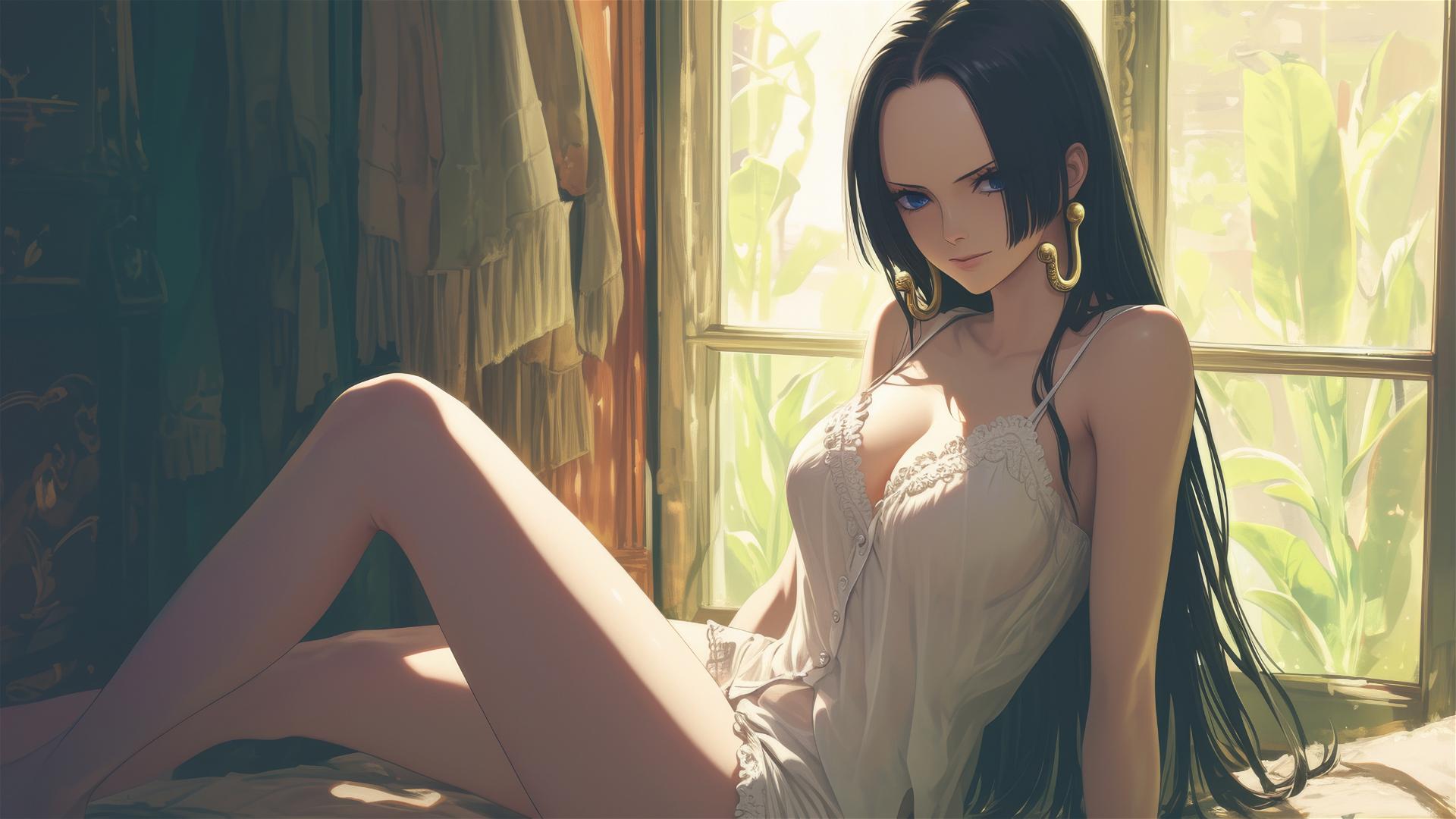 Anime character Boa Hancock from One Piece in white silk pajamas sitting in apartment at sunrise