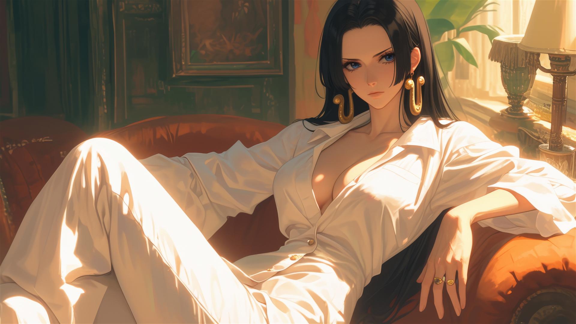 Boa Hancock in white silk pajamas sitting leisurely at sunrise