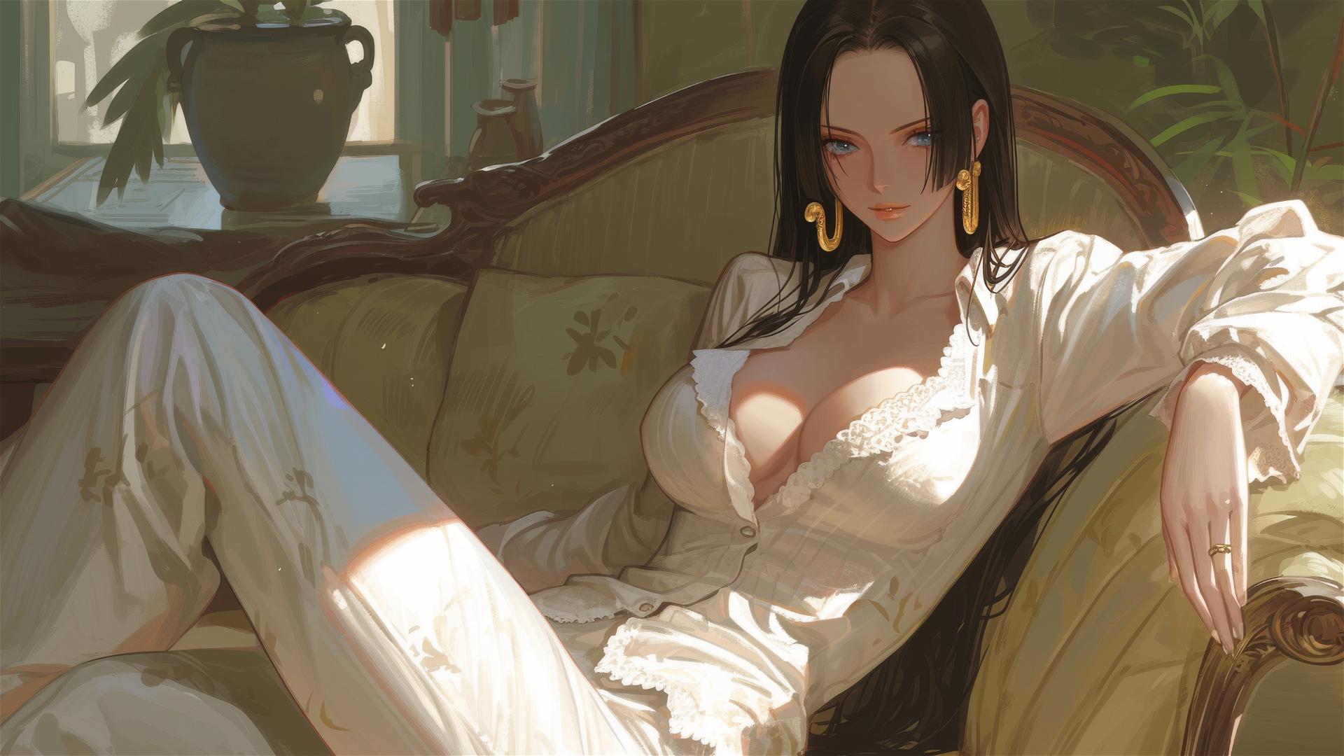 Boa Hancock in silk pajamas at sunrise