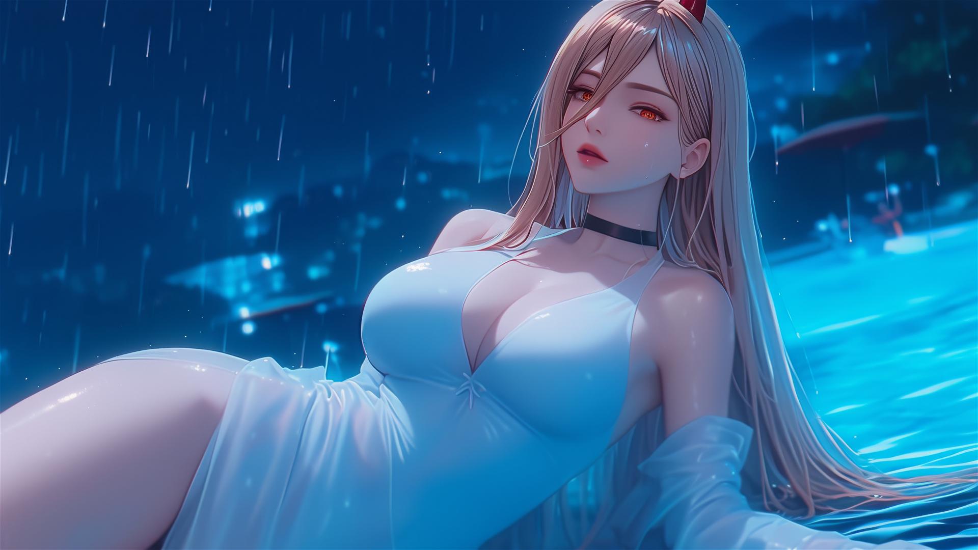 Power from Chainsaw Man in a white dress, lounging at a rainy swimming pool with focus on thighs, golden hair and light red horns