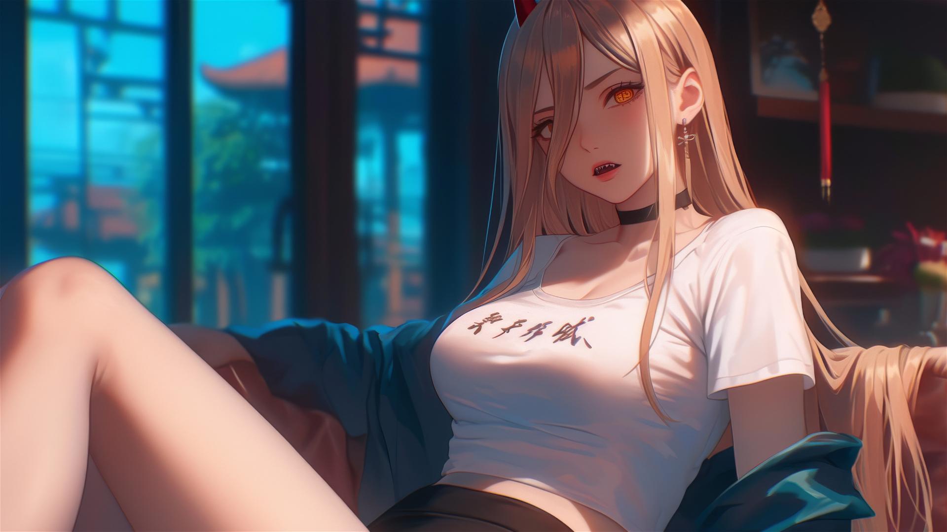 Power from Chainsaw Man, casually resting in an apartment with a focus on her thigh, blonde hair, and light red horns
