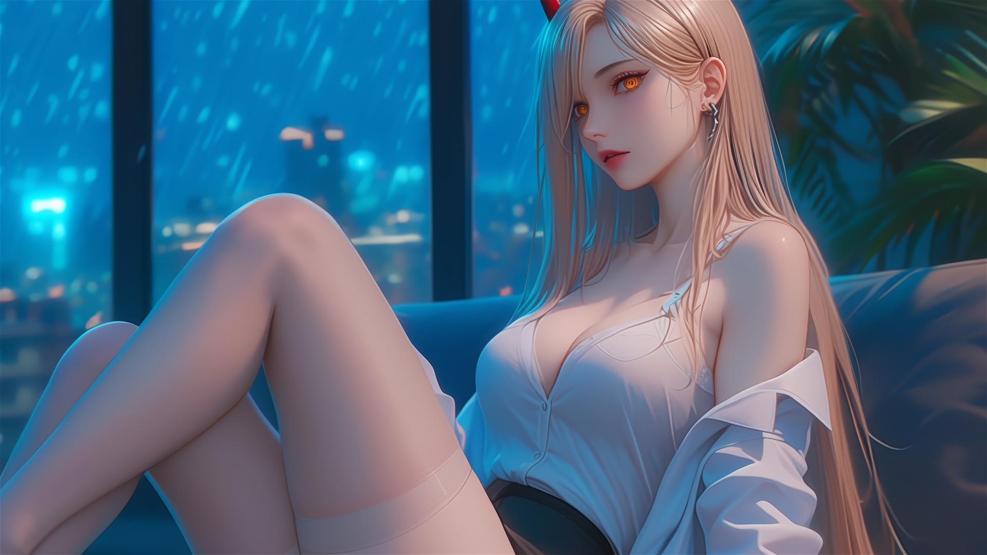 Power from Chainsaw Man resting at apartment, showing thigh details, blond hair and light red horns with yellow eyes