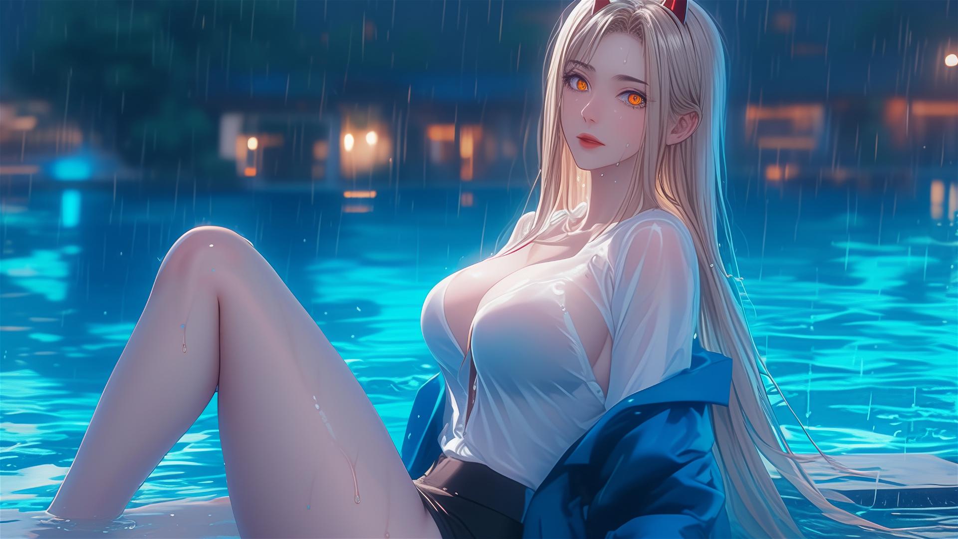 Power from Chainsaw Man resting at rainy pool, blond, red horns, yellow eyes
