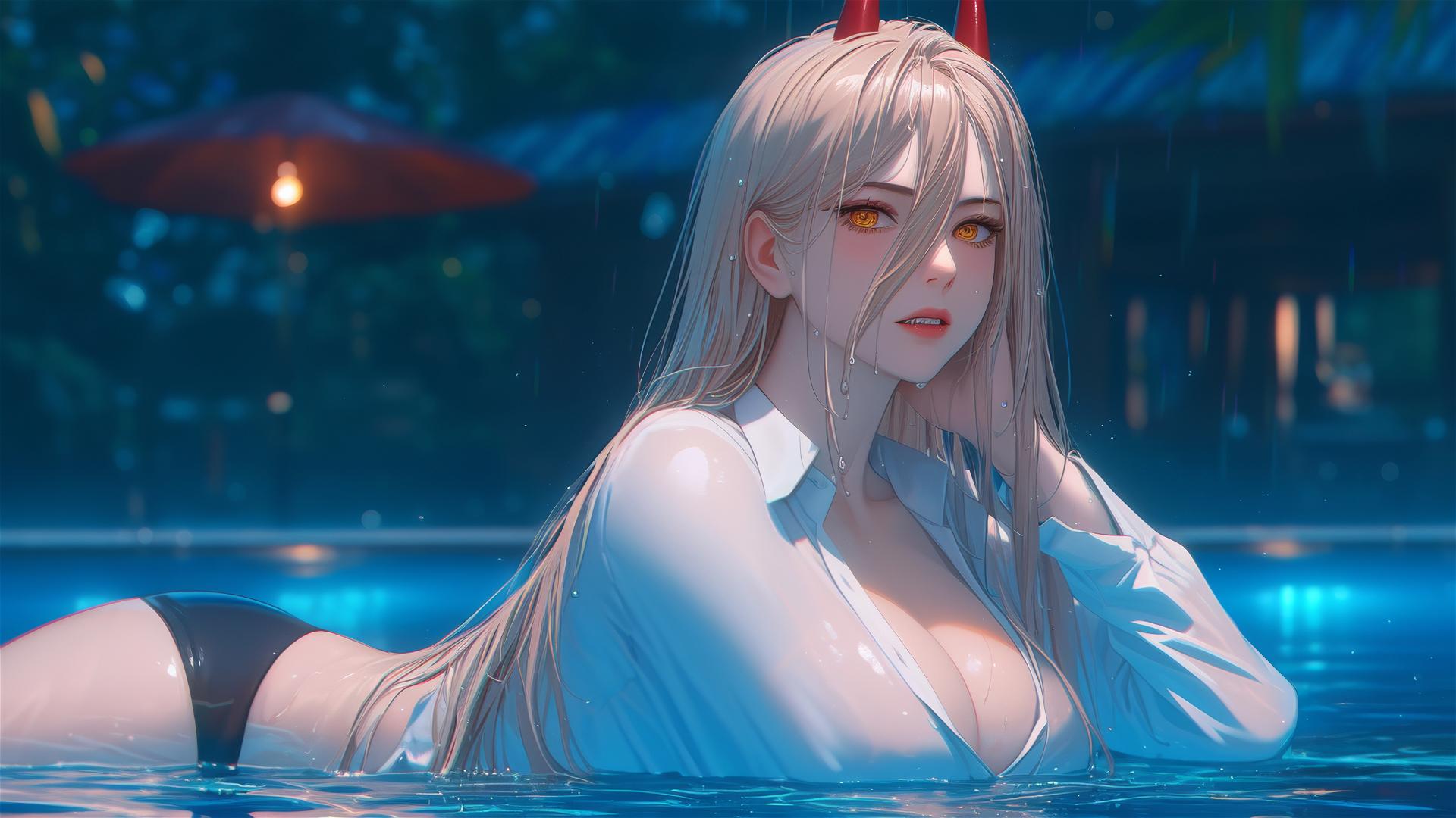 Power from Chainsaw Man resting at rainy swimming pool with blond hair and light red horns, focus on thighs, having yellow eyes