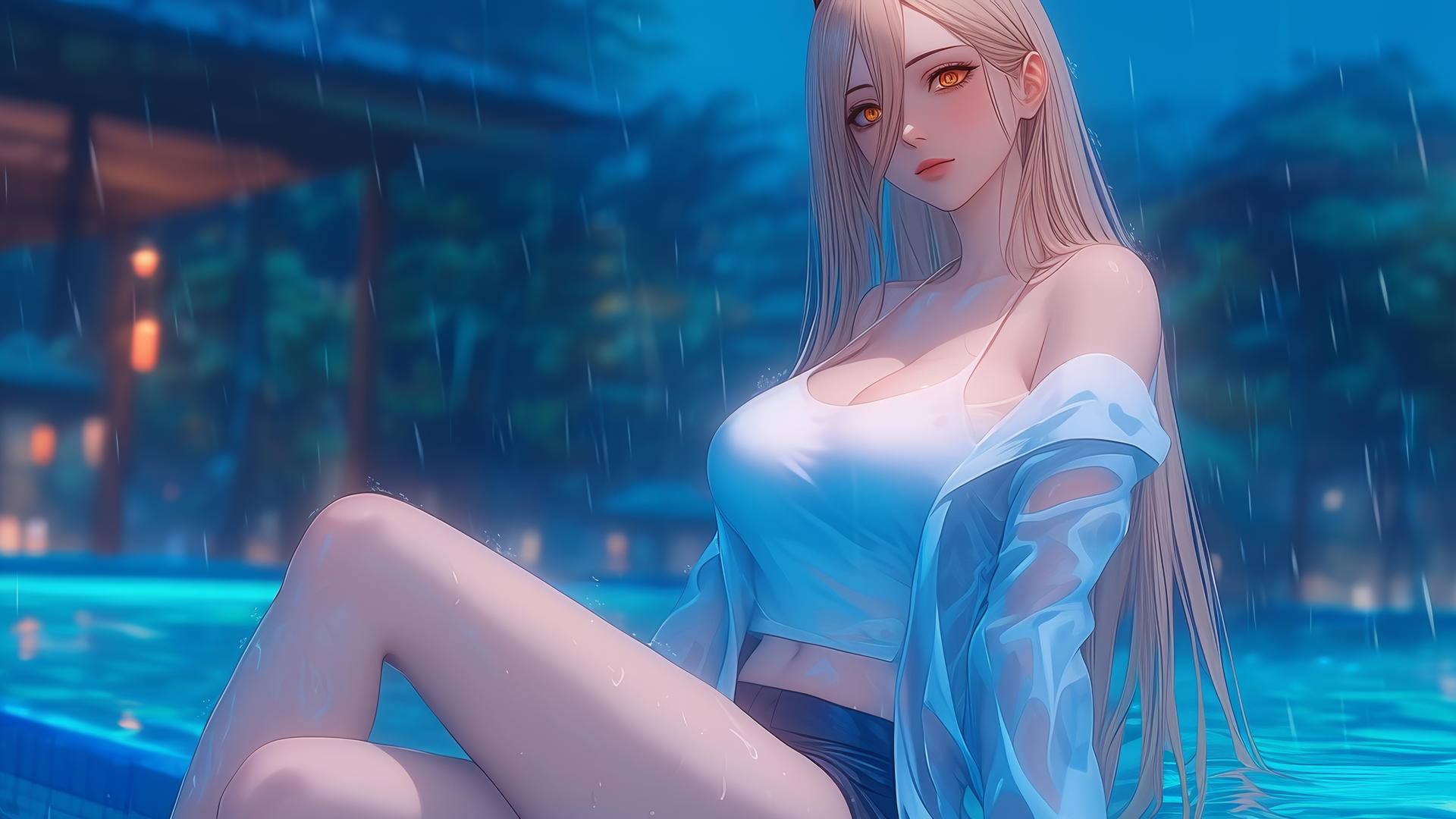 Power from Chainsaw Man resting at a rainy swimming pool with blond hair and light red horns