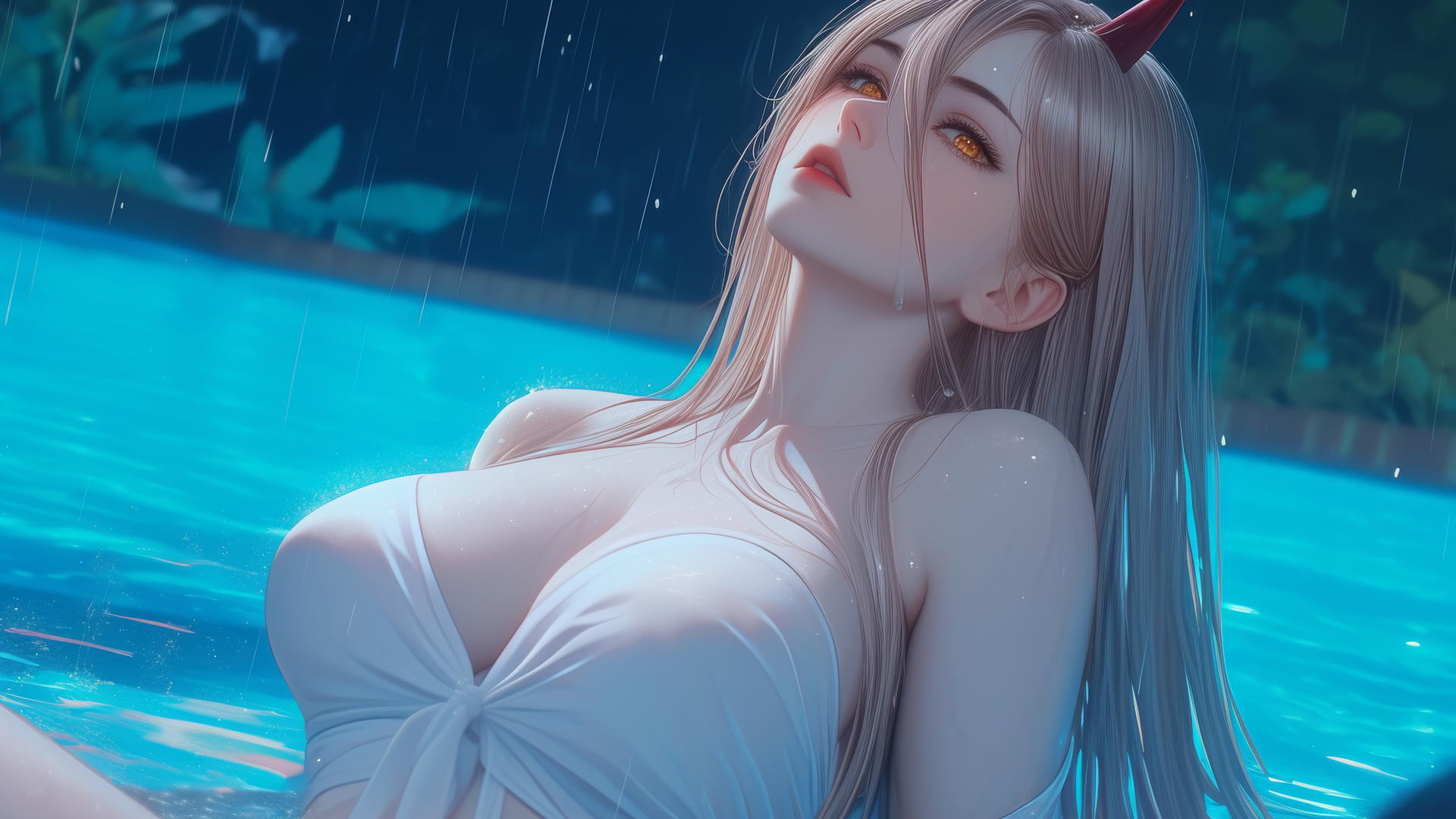 Power from Chainsaw Man resting by rainy pool, blonde, red horns, yellow eyes