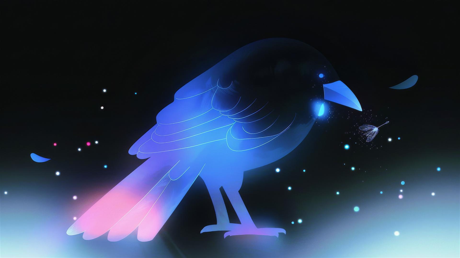 A large luminescent crow examining a tiny glowing firefly on its wing