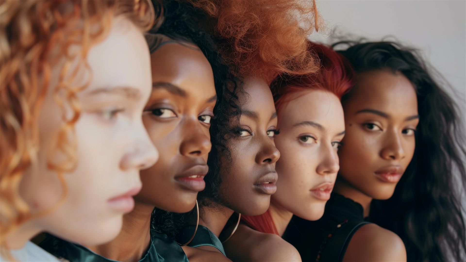 Models with diverse hair types and colors under warm studio lights