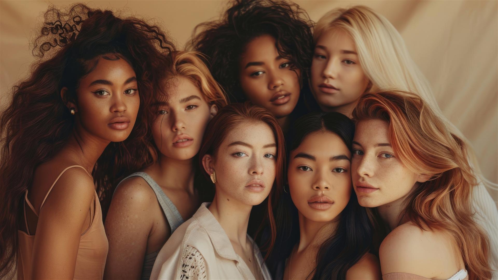 Group of models showcasing diverse hair types and lengths in a warmly lit studio with a soft beige background