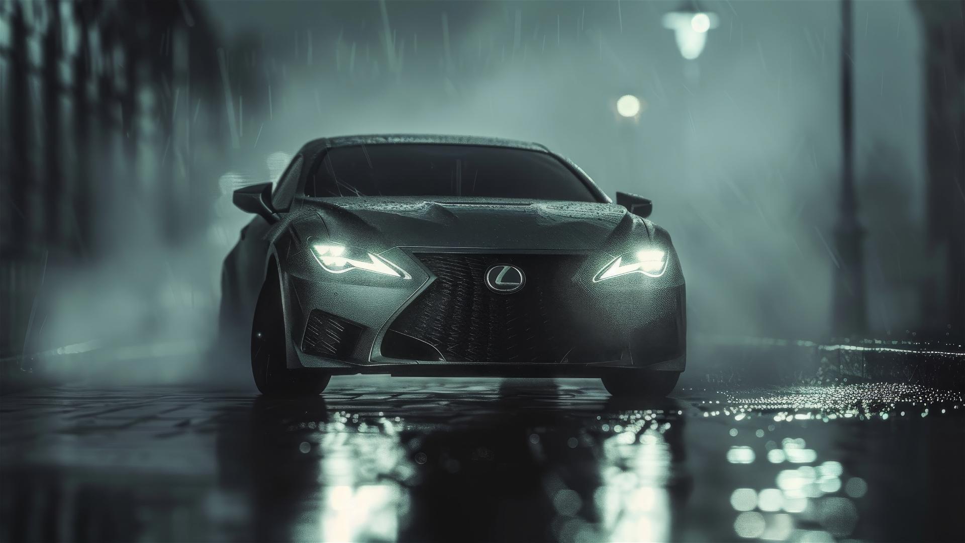 Close-up of a Lexus ES in dim, foggy lighting with a Gothic gloomy atmosphere