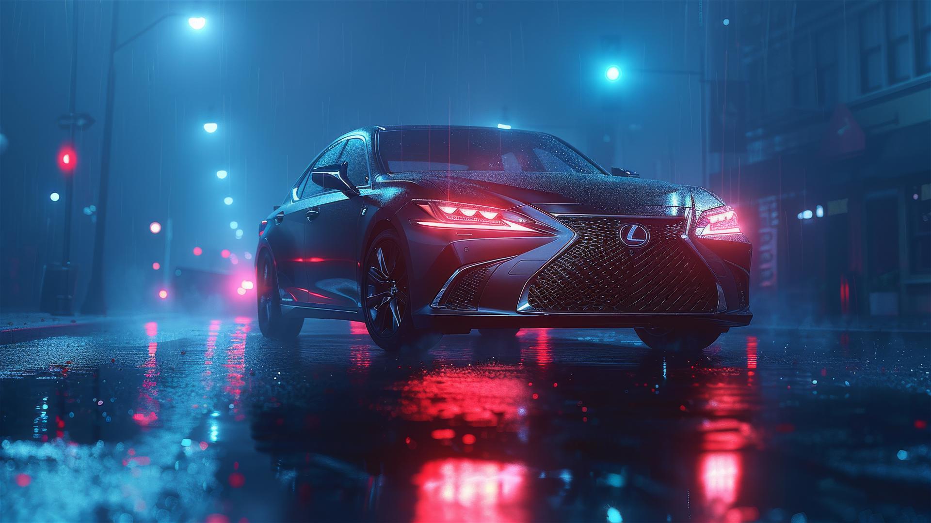 Closeup view of a Lexus ES in Gothic gloomy, dim lighting, surrounded by fog.