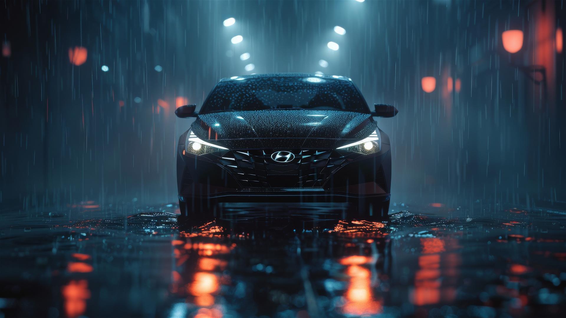 Closeup view of a Hyundai Elantra in a foggy, dim lit, gothic-gloomy setting