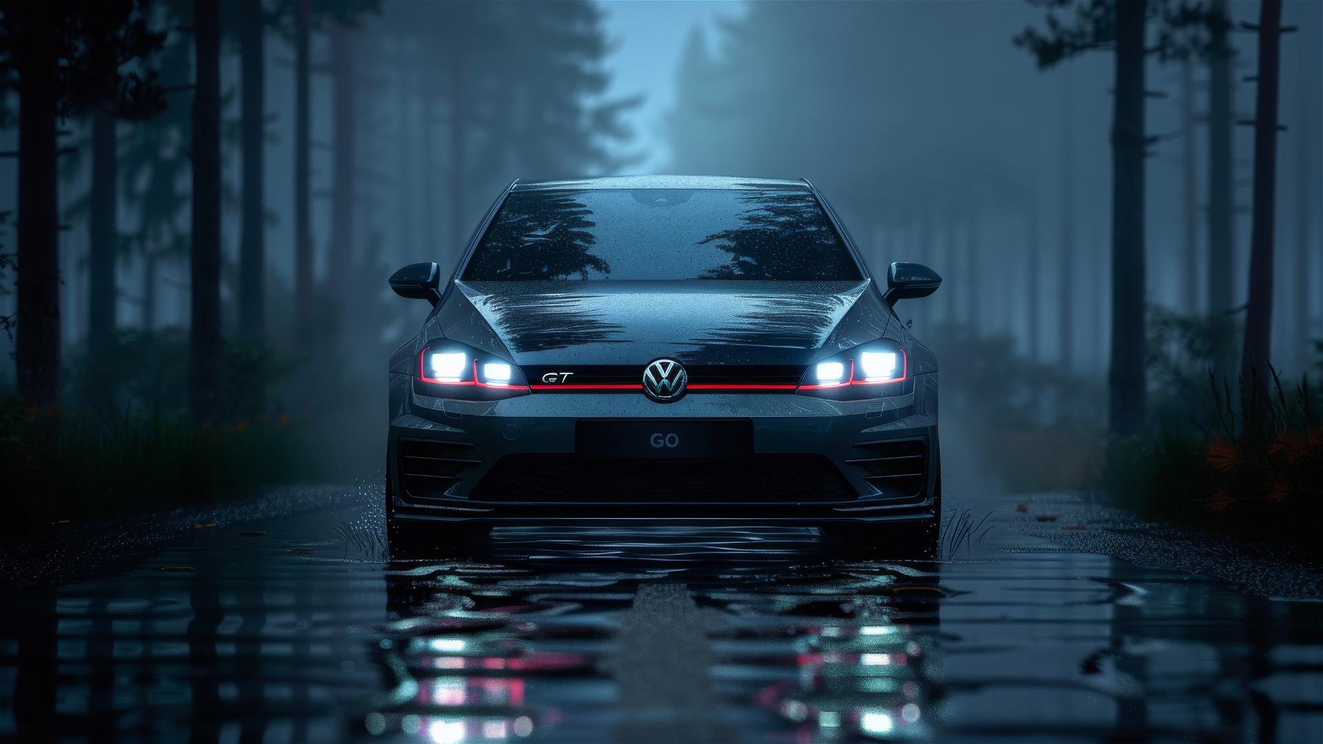 Volkswagen Golf GTI in dim, gothic lighting with fog