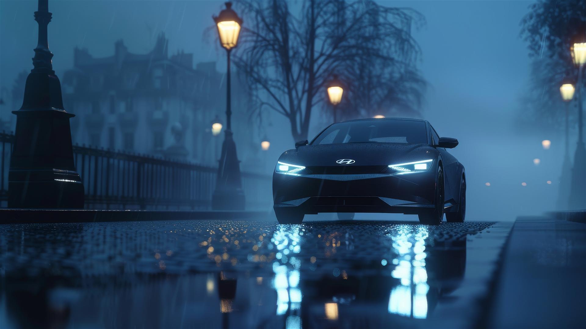 Photorealistic close-up of a Hyundai Ioniq in dim, foggy lighting with a Gothic gloomy ambiance