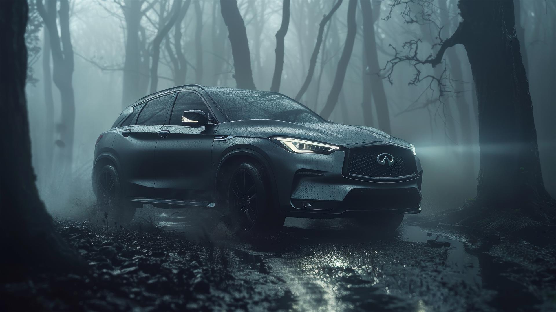 Close-up of Infiniti QX50 in dim, foggy, gothic lighting