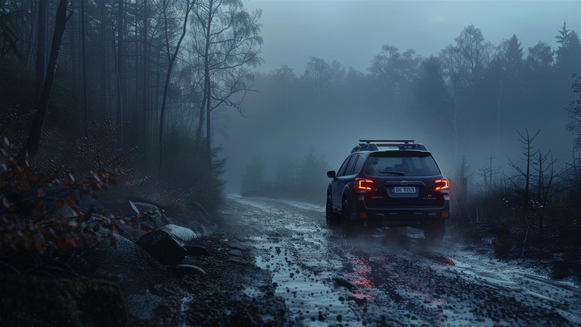 Subaru Outback in dim, foggy settings with a Gothic gloomy aesthetic in photorealistic style