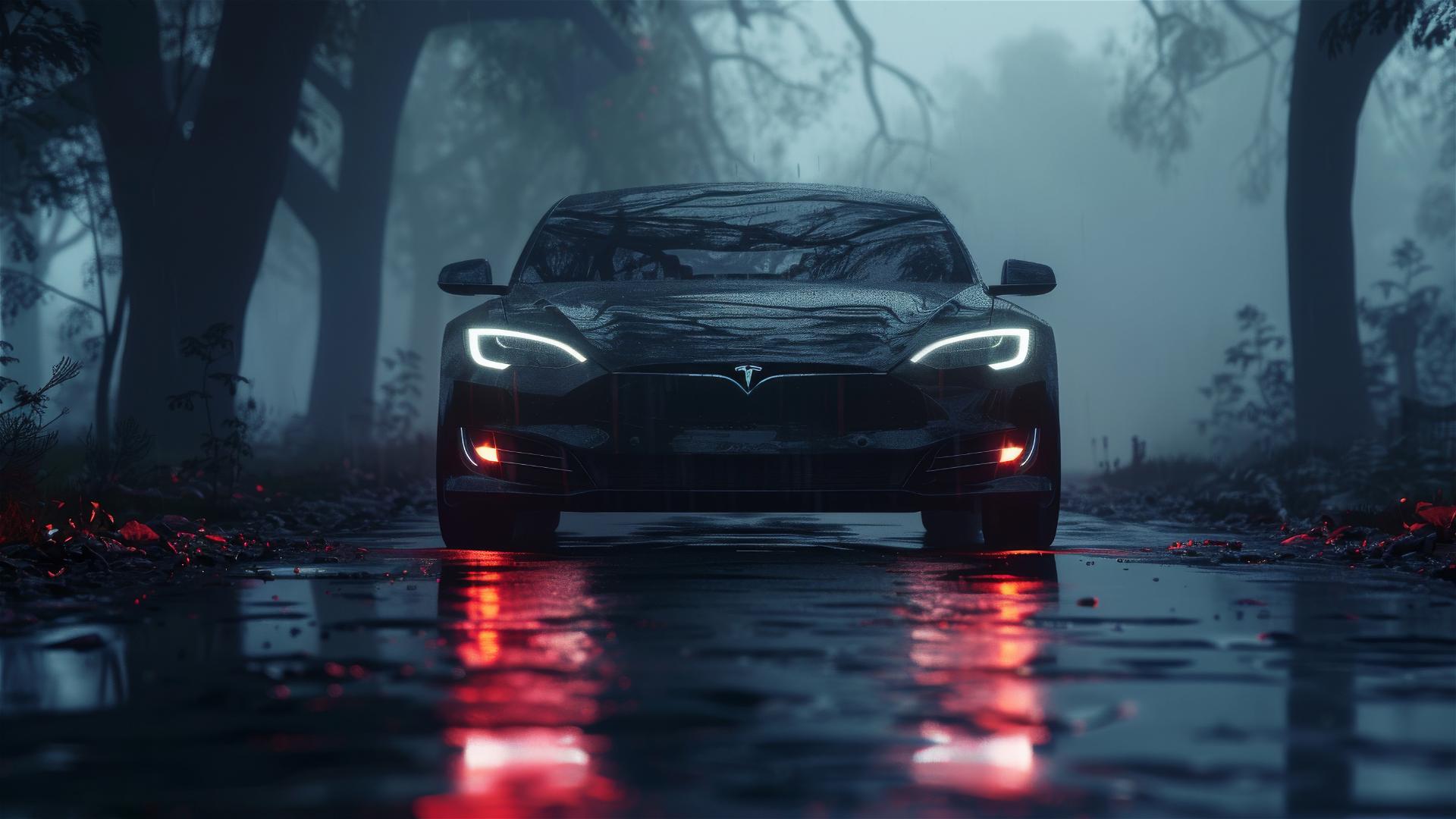 Close-up of Tesla Model S in dim, foggy, Gothic setting
