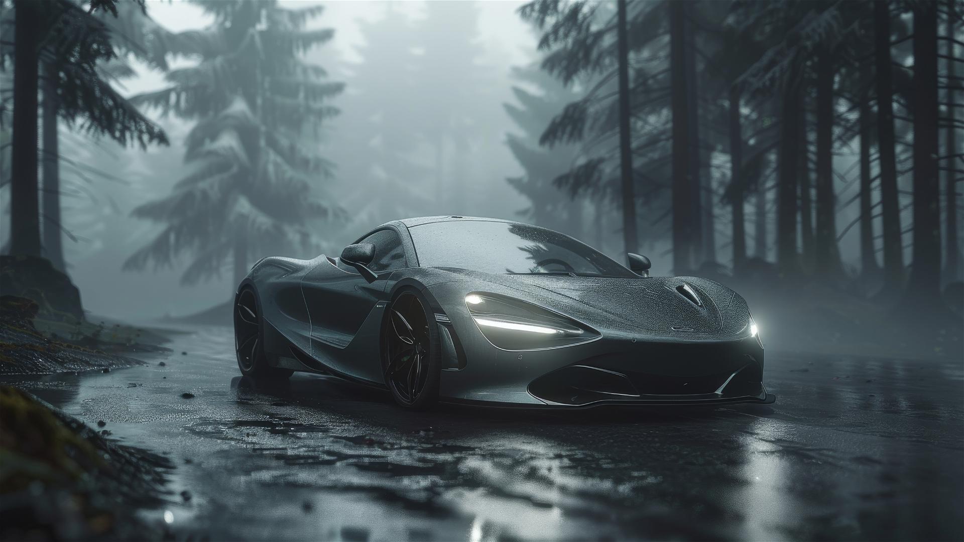 Photorealistic closeup of a McLaren 720S in dim, gothic gloomy lighting with fog