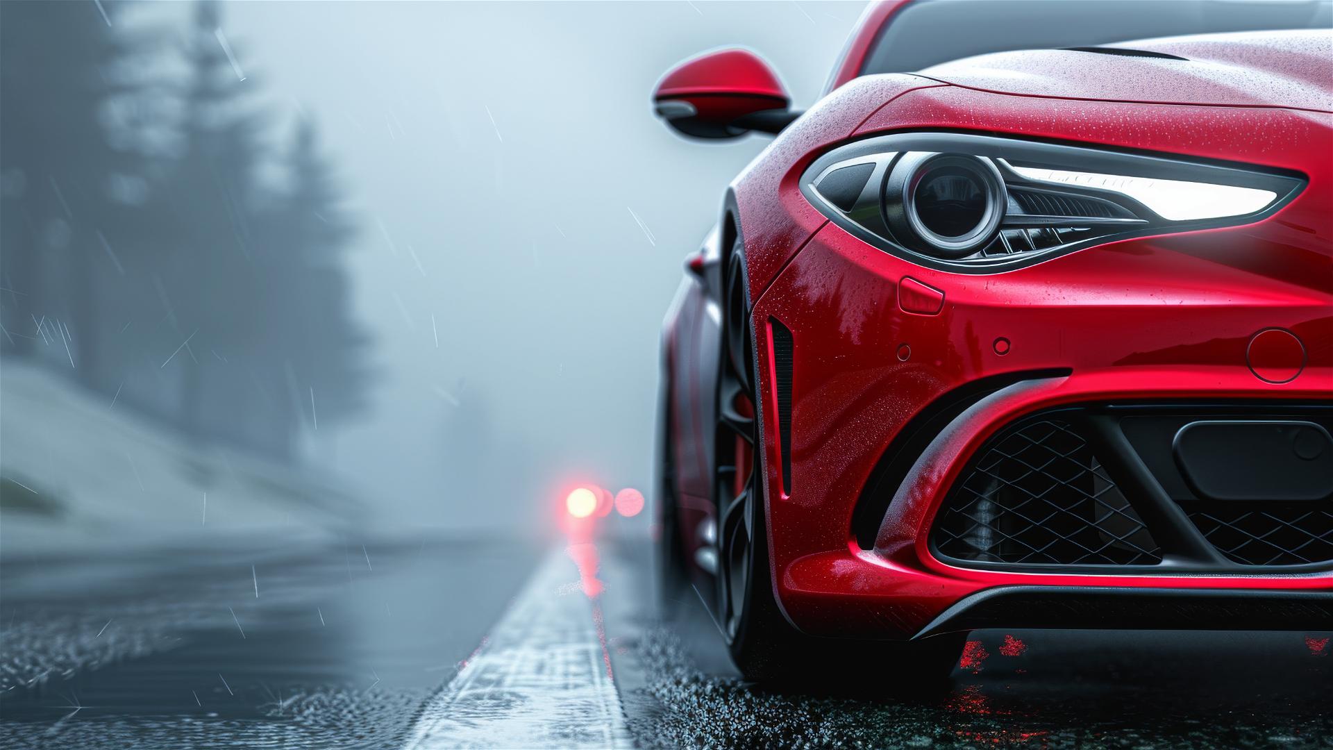 Photorealistic closeup view of Alfa Romeo Giulia in dim, gothic gloomy lighting with foggy ambiance