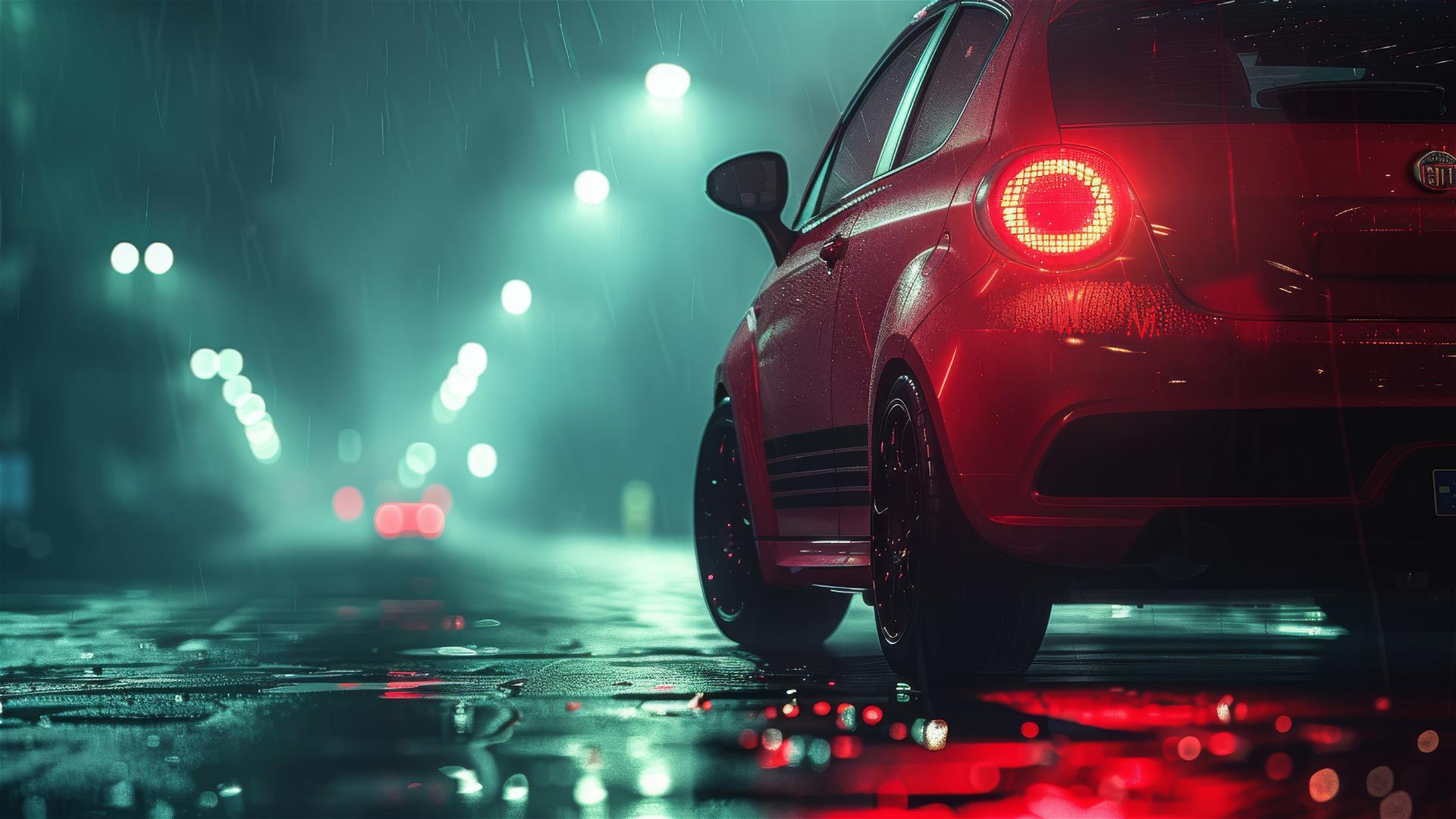 Fiat Punto in dim gothic lighting with a foggy backdrop