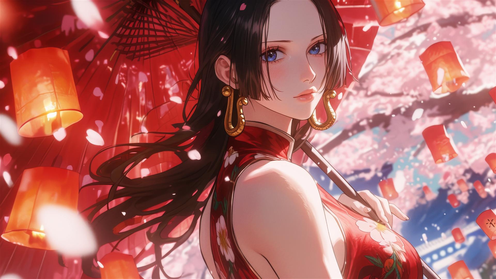Boa Hancock at a cherry blossom festival with lantern light glowing