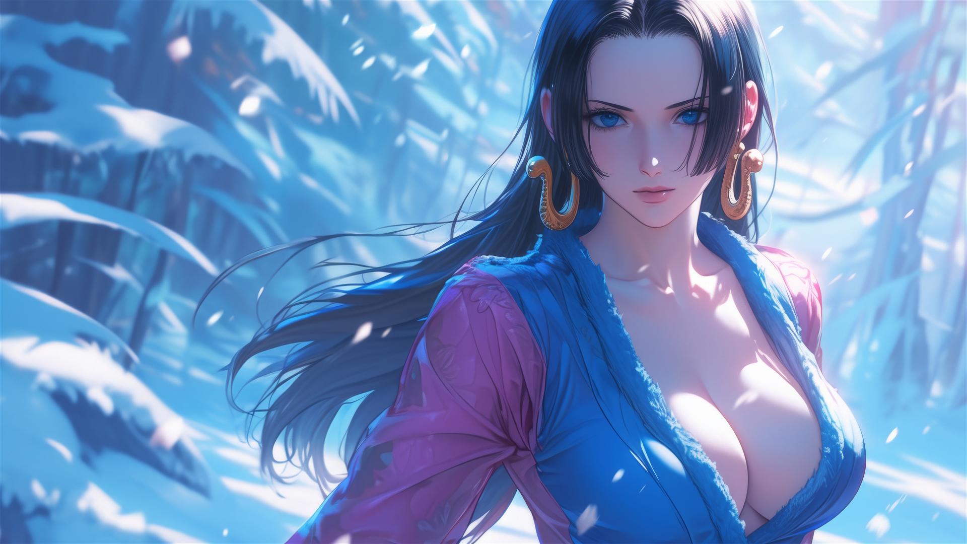 Boa Hancock from One Piece in a snowy landscape during twilight