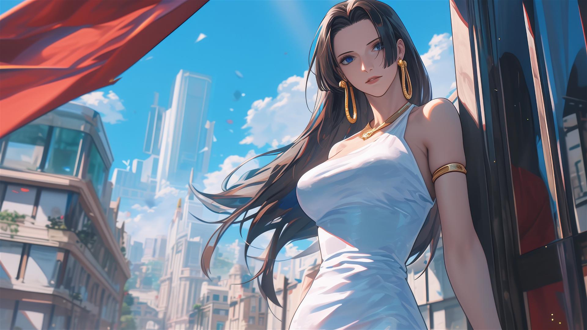 Boa Hancock from One Piece wandering in an art gallery under soft lights