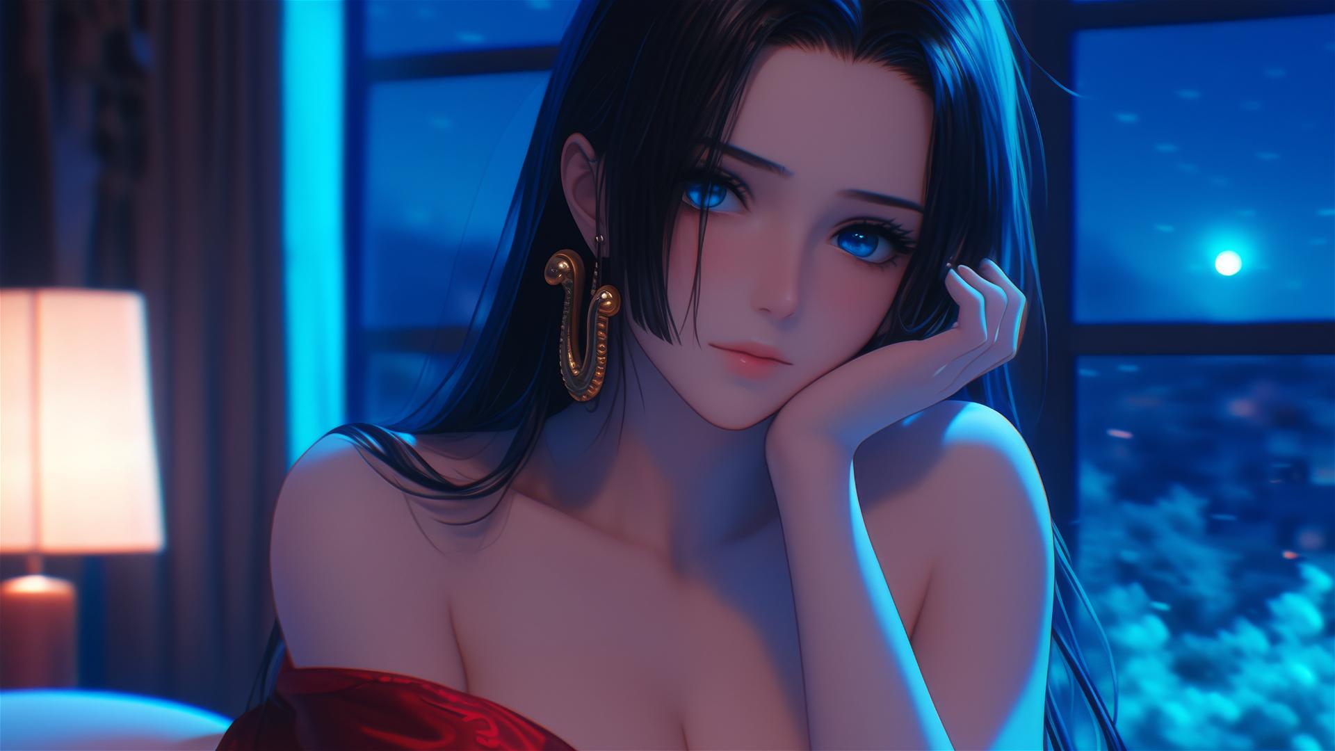 Boa Hancock resting in an apartment under moonlight, short hair