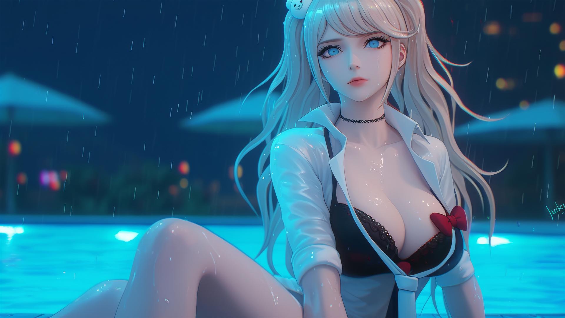 Junko Enoshima resting at a rainy pool, thigh focus, blond hair, blue eyes
