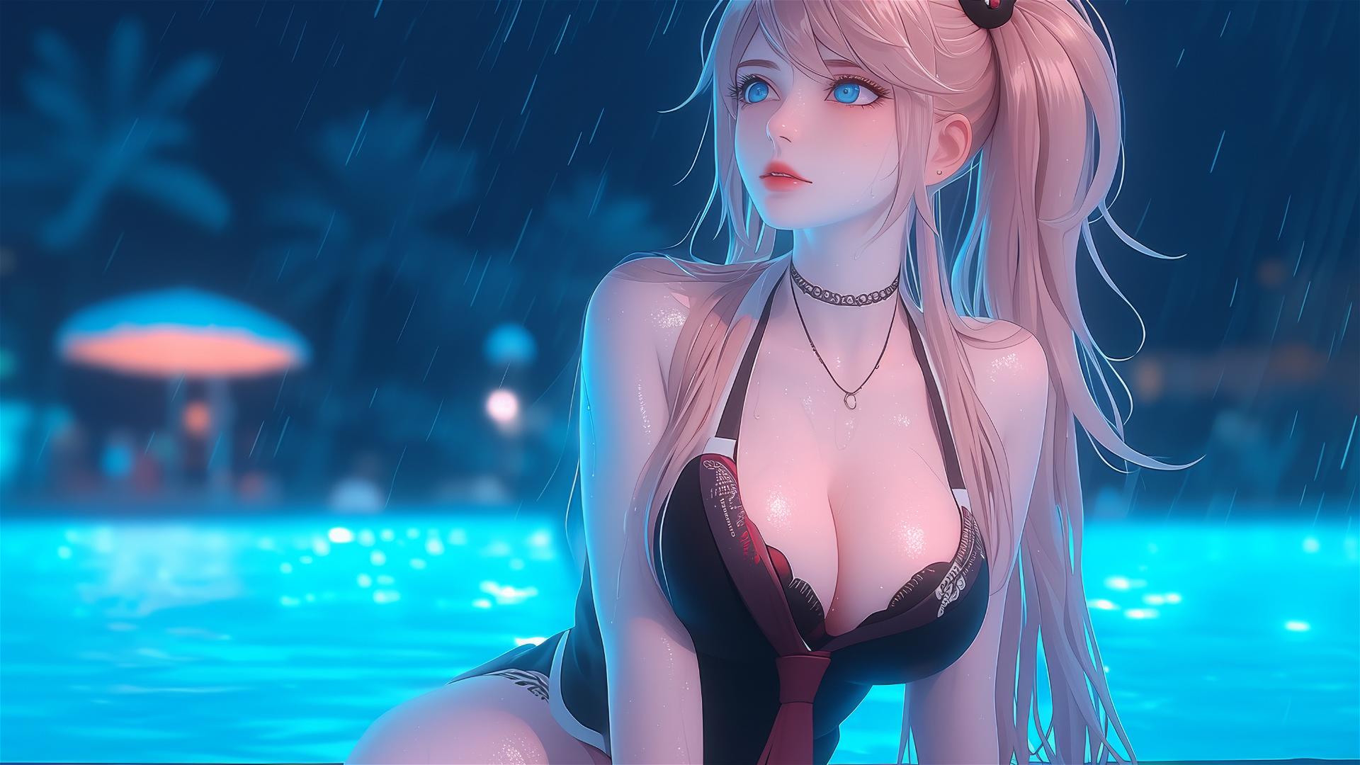 Junko Enoshima from Danganronpa, resting at rainy pool, thigh focus, blond hair, light blue eyes