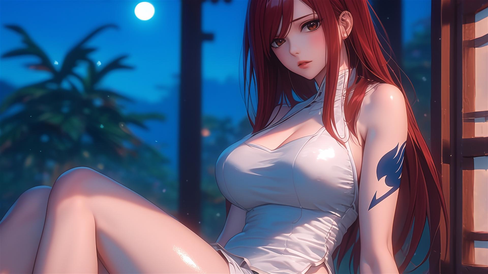 Erza Scarlet resting at home under moonlight, with brown eyes.