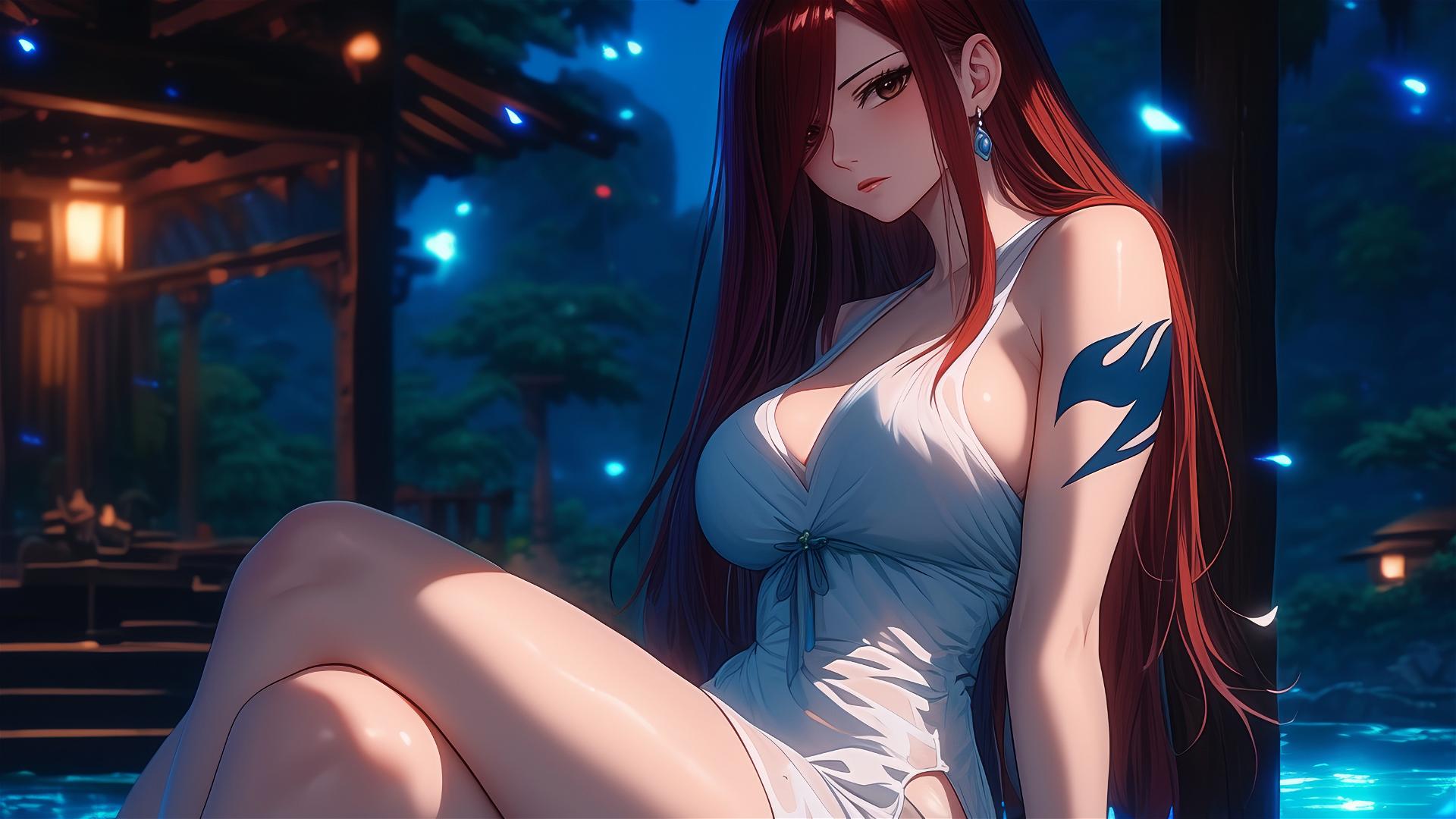 Erza Scarlet resting at home under moonlight, with brown eyes