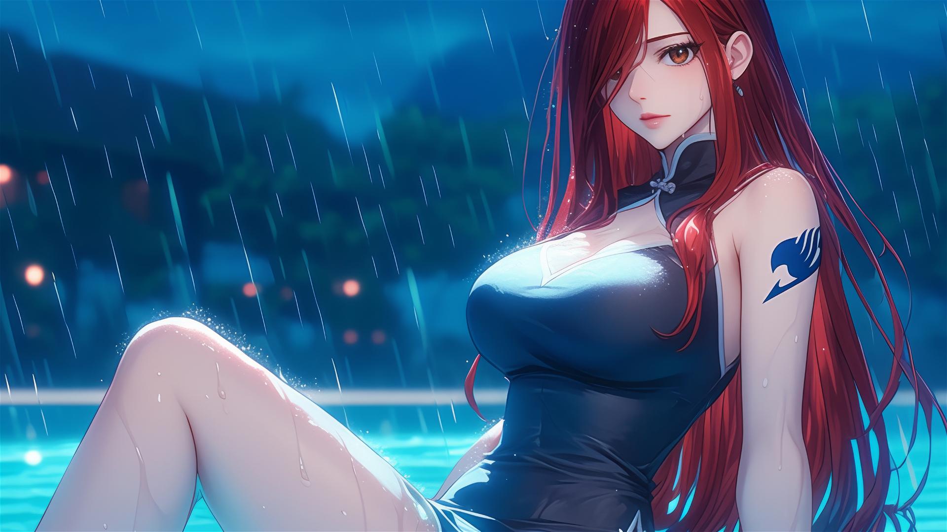 Erza Scarlet resting by a rainy pool under moonlight, her brown eyes highlighted.