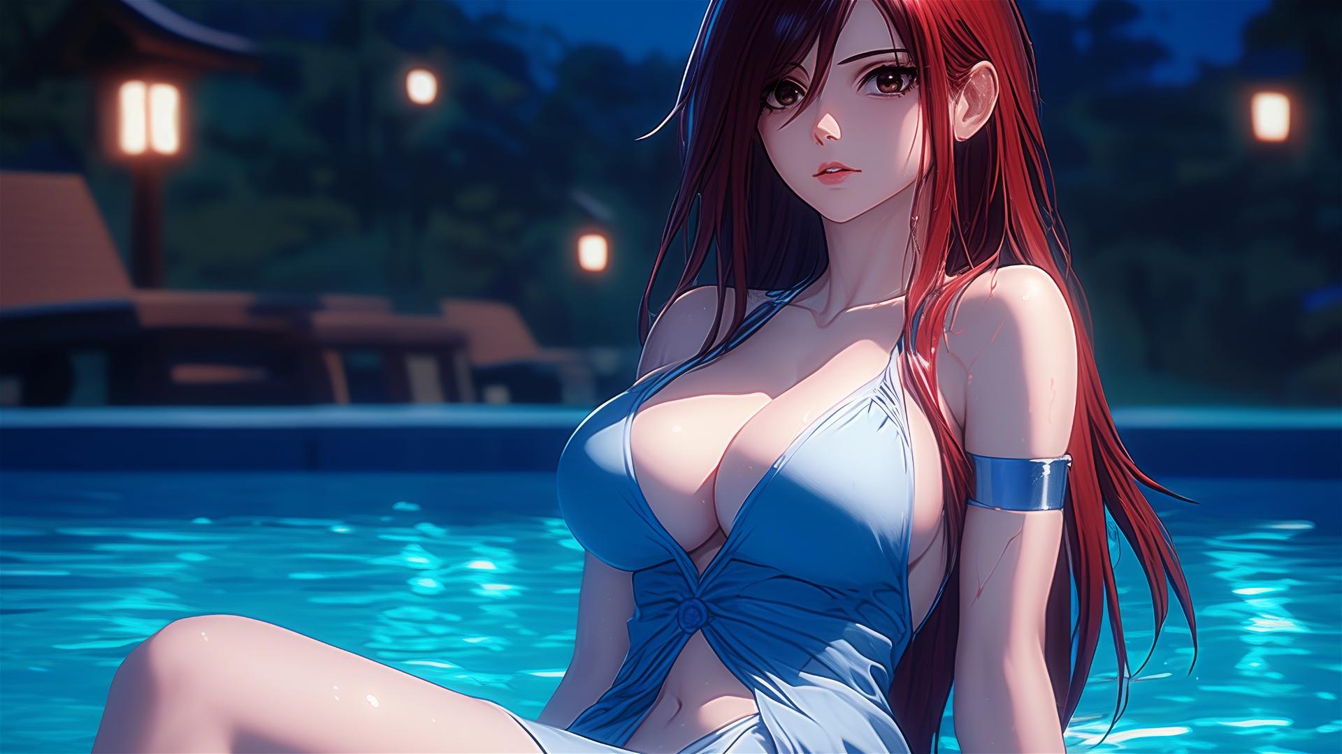 Erza Scarlet from Fairy Tail resting by a pool under moonlight