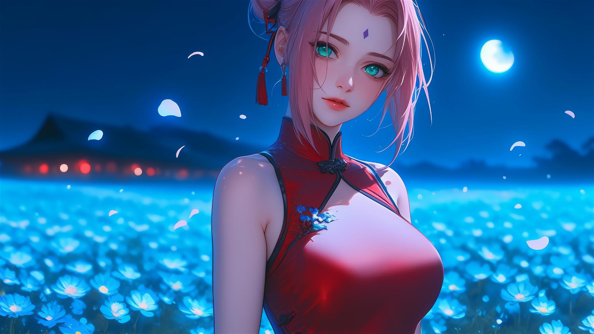 Sakura Haruno walks in blooming fields under starry sky with moon glow