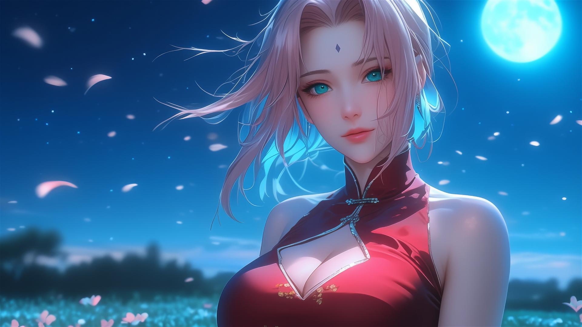 Sakura Haruno from Naruto walking in blooming fields under starry night with moonlight glow