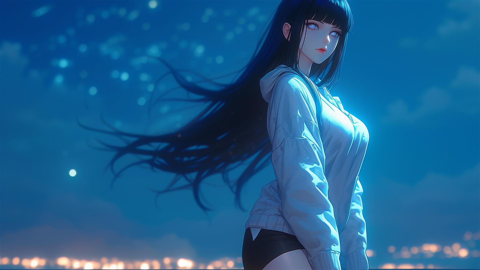 Hinata Hyuga walking under starry sky on a hill with moonlight