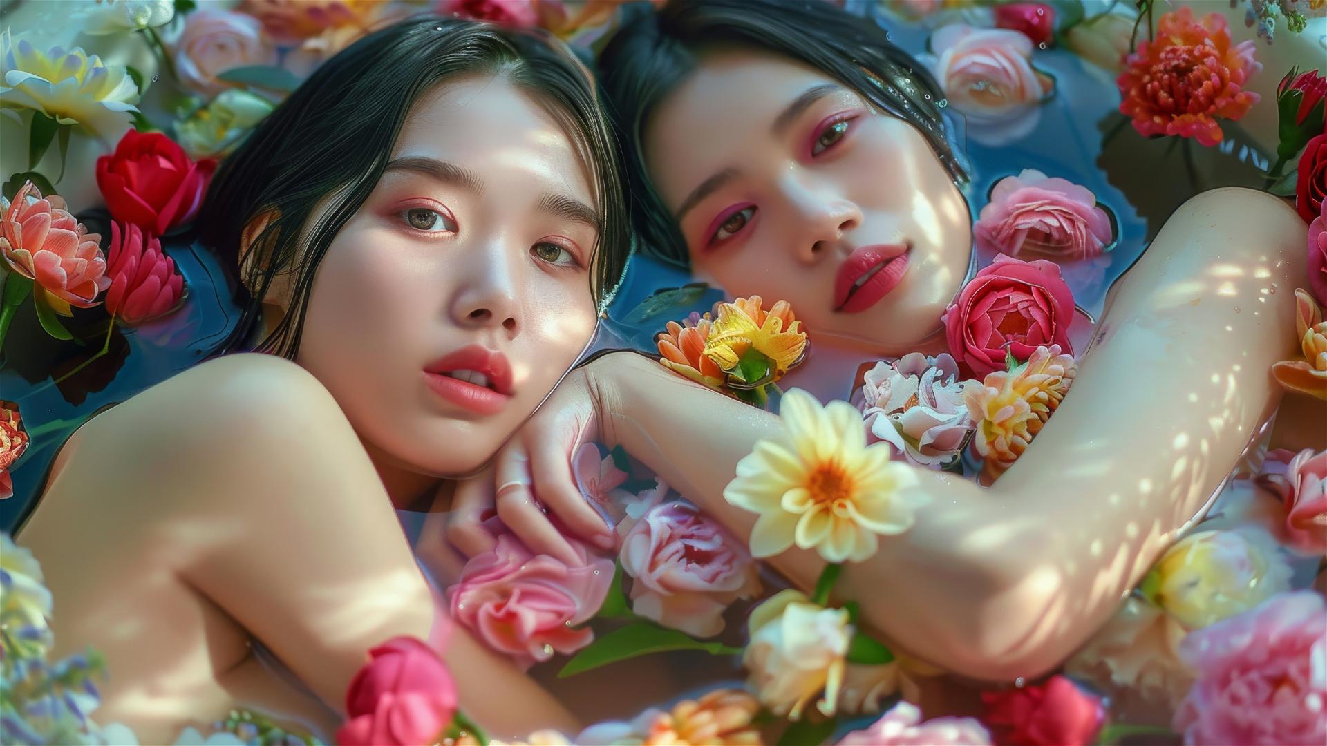 Asian women in floral tub at Chinese spa