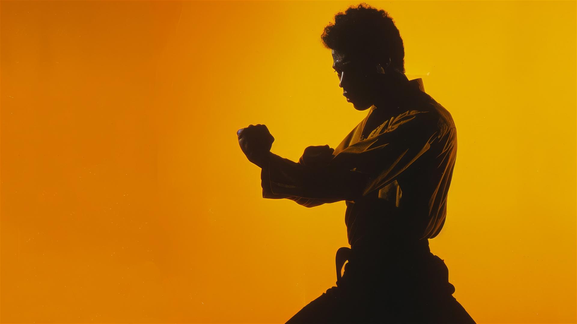1970s black martial artist silhouette on yellow background
