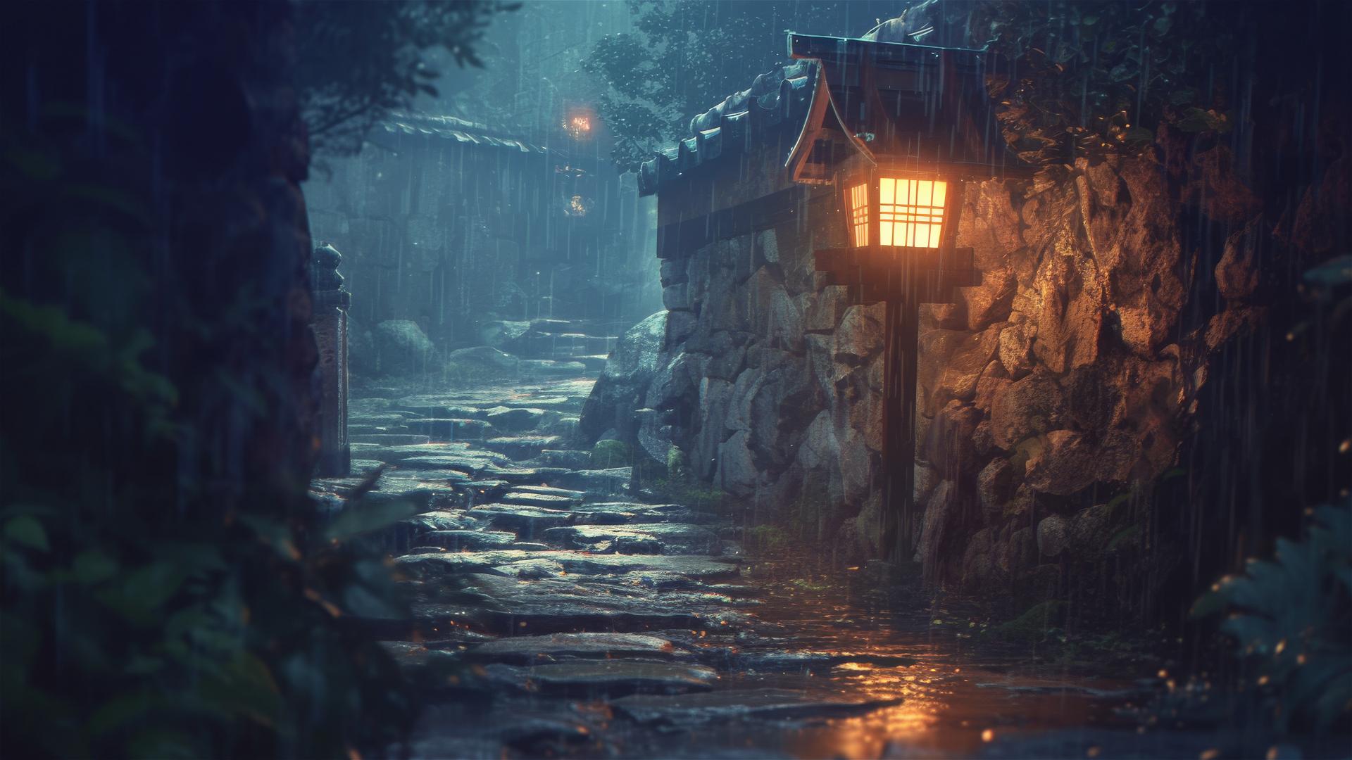 Cobblestone alley after rain with old lantern light reflection leading to a mysterious place