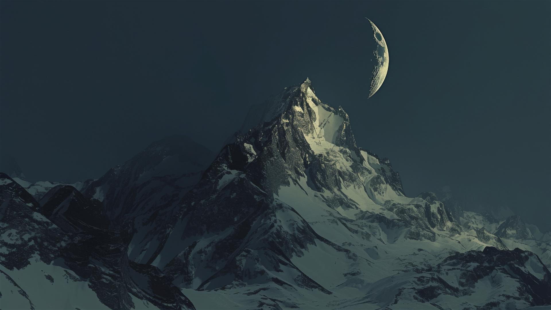 Dark mountain under a new moon, barely visible in the night